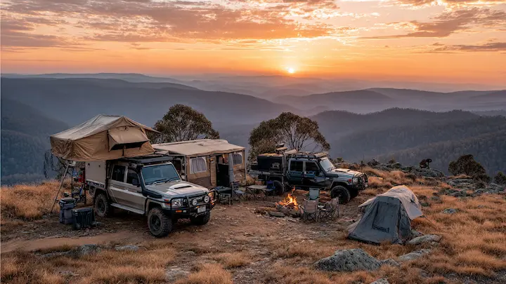 Two 4x4 vehicles set up at a mountain campsite at sunset, one with a rooftop tent and awning, the other with a dome tent nearby and a campfire burning between them, overlooking a vast valley in the Australian high country.