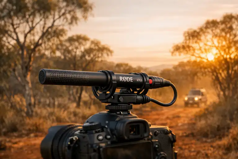 RØDE NTG5 shotgun microphone set up for outdoor field recording in the Australian bush