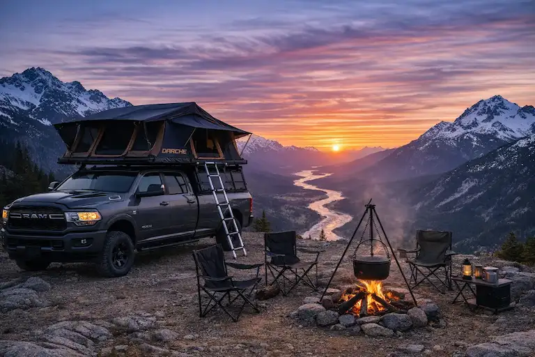 Darche rooftop tent on Ram 2500 truck at sunset mountain campsite Australia