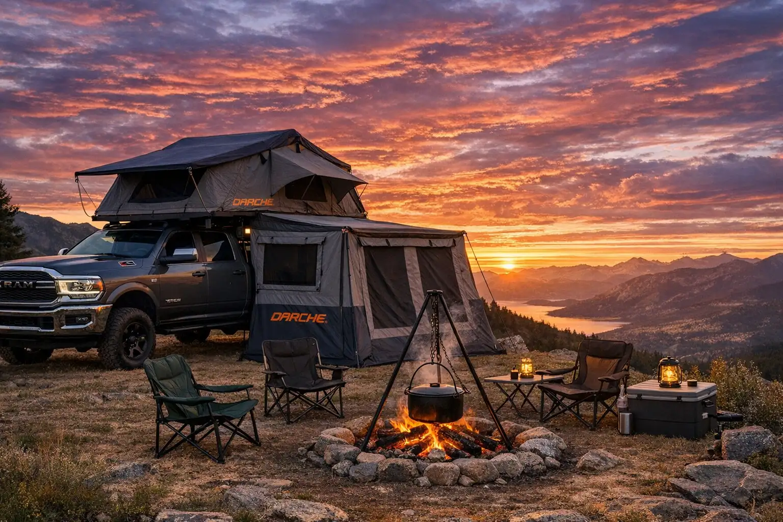 Darche rooftop tent with annex fully set up on Ram 2500 at mountain sunset campsite