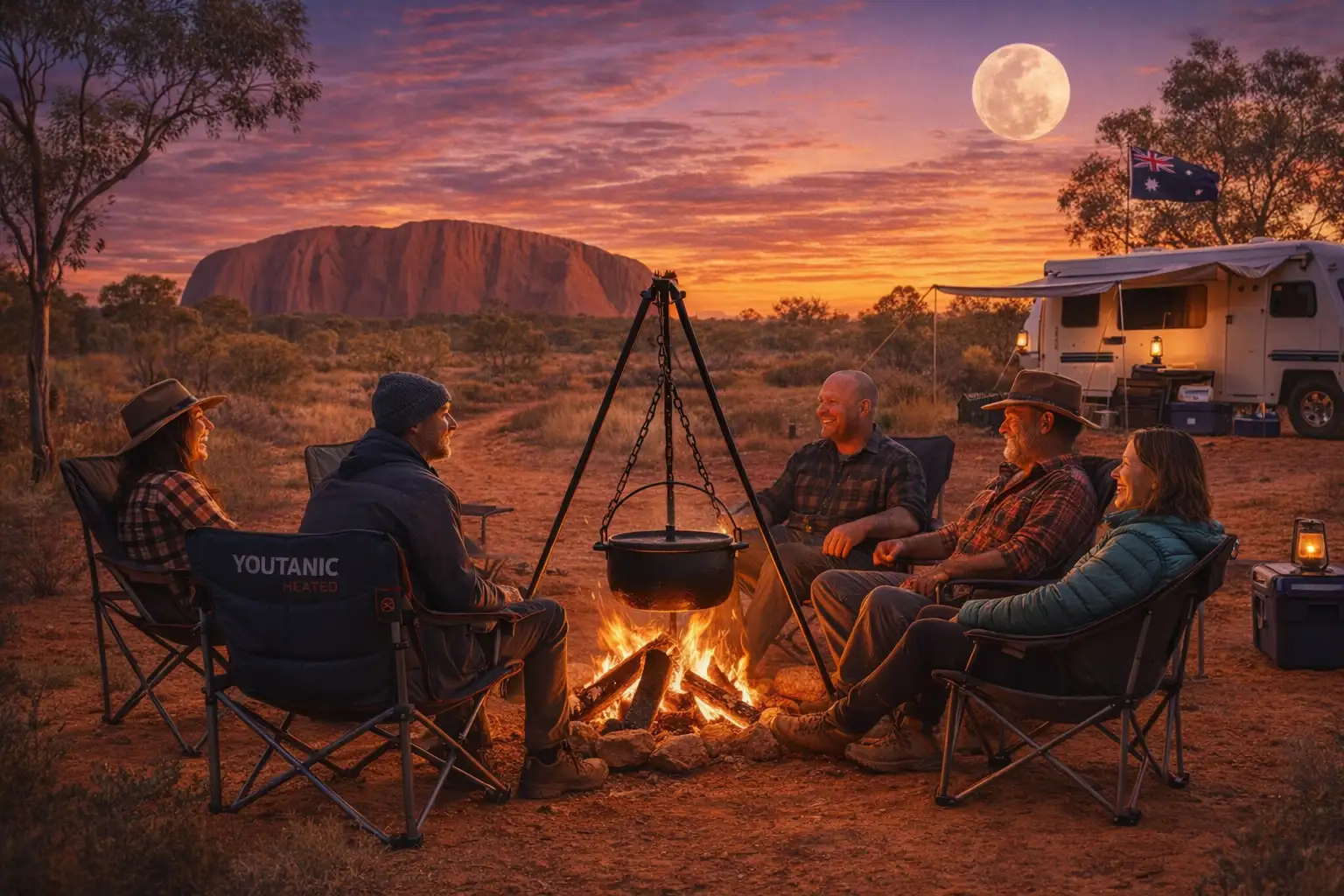 Group of Australian campers sitting in heated camping chairs around a campfire at Uluru at sunset
