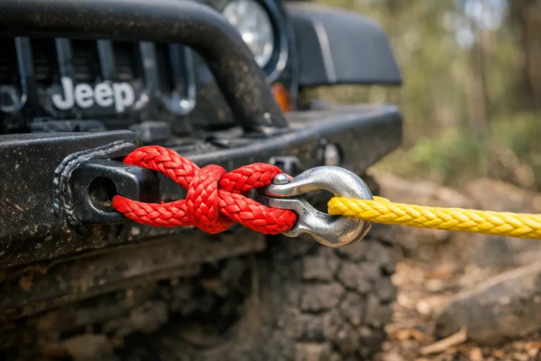 Red soft shackle connecting a Jeep 4x4 recovery point to a yellow synthetic winch rope
