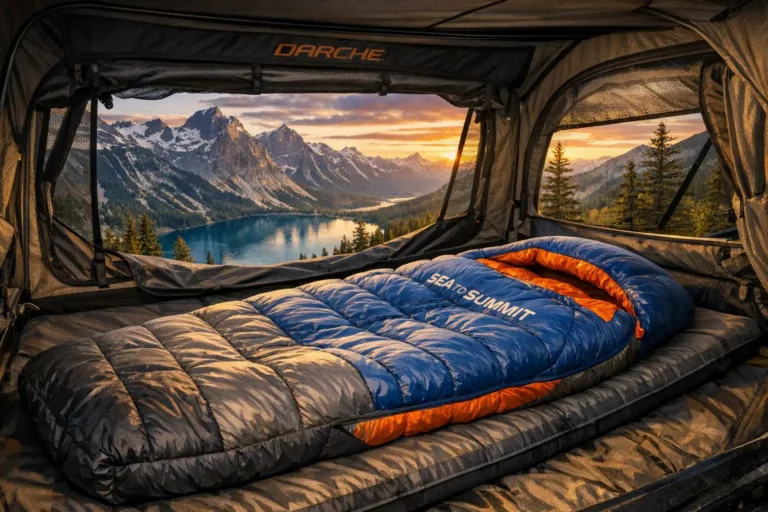 Sea to Summit sleeping bag inside a Darche rooftop tent with mountain lake view