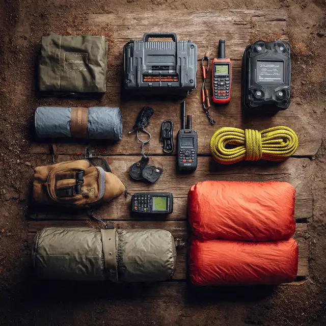 Essential off-grid camping gear flat lay — sleeping bags, power station, GPS, UHF radio, recovery rope and mattress on rustic wood