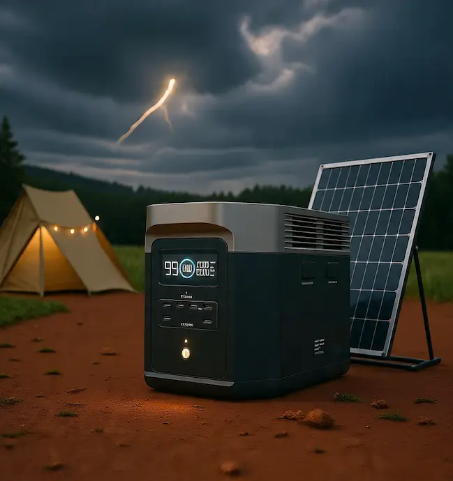 Best portable power station Australia — camping setup with solar panels and tent