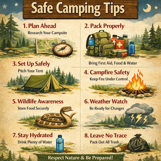 Safe camping tips infographic showing 8 essential tips: plan ahead, pack properly, set up safely, campfire safety, wildlife awareness, weather watch, stay hydrated, and leave no trace