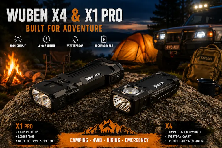 WUBEN X4 and WUBEN X1 Pro camping torches displayed on a rock beside a campfire and tent during an Australian camping adventure.